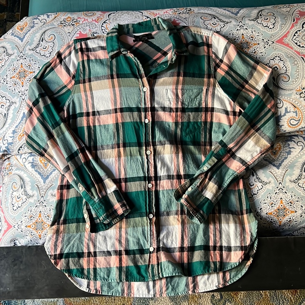 Green pink tan flannel classic fit button down